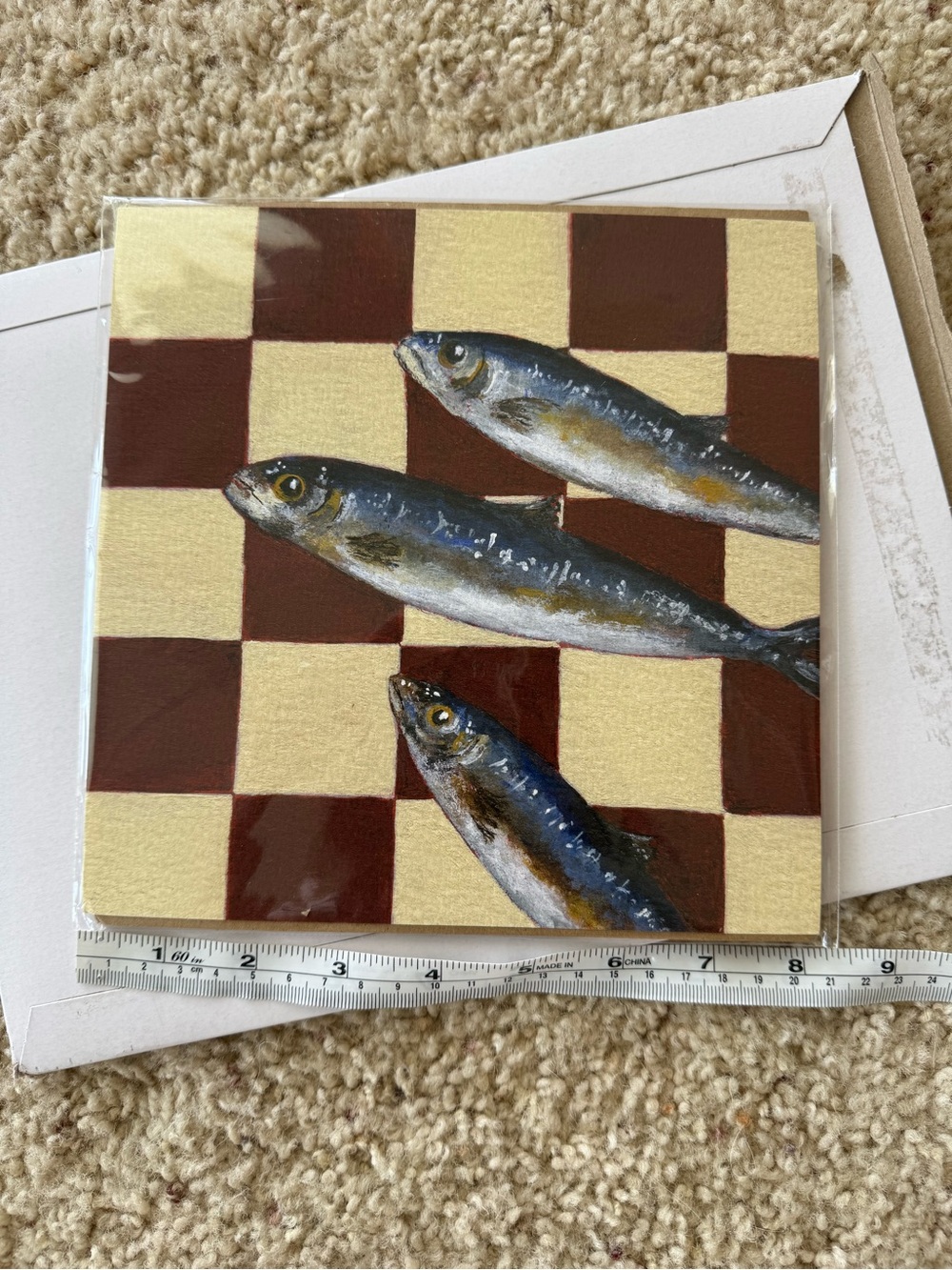 Hand-Painted Sardine Tile Art Print - Brown & Gold